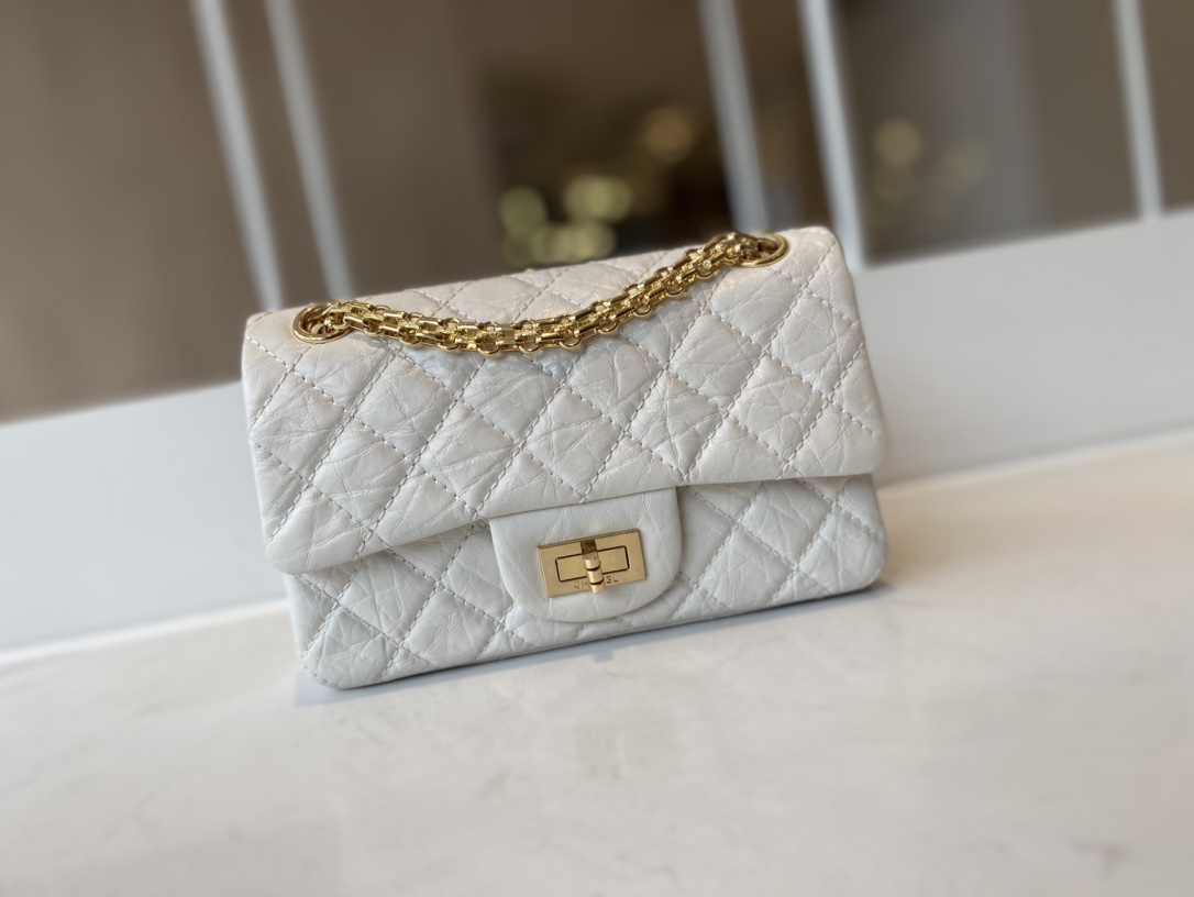 Bagsaaa Ch**el Mini 2.55 Handbag AS0874 Aged Calfskin White - 15.5 × 20 × 6 cm