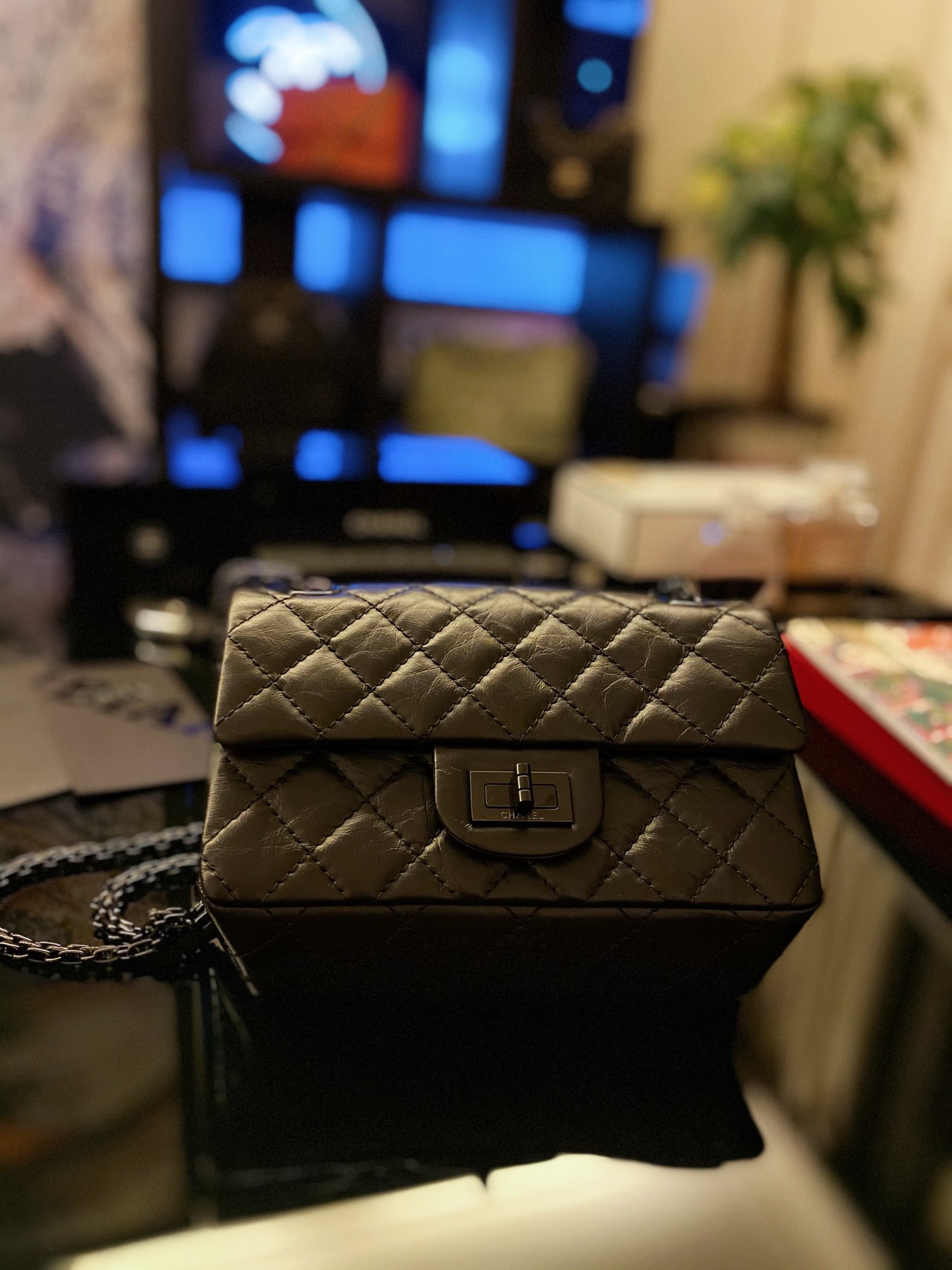 Bagsaaa Ch**el Mini 2.55 Handbag AS0874 Aged Calfskin Full Black - 15.5 × 20 × 6 cm
