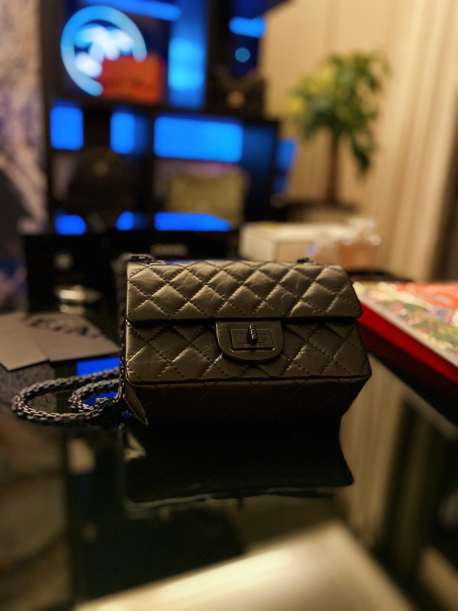 Bagsaaa Ch**el Mini 2.55 Handbag AS0874 Aged Calfskin Full Black - 15.5 × 20 × 6 cm