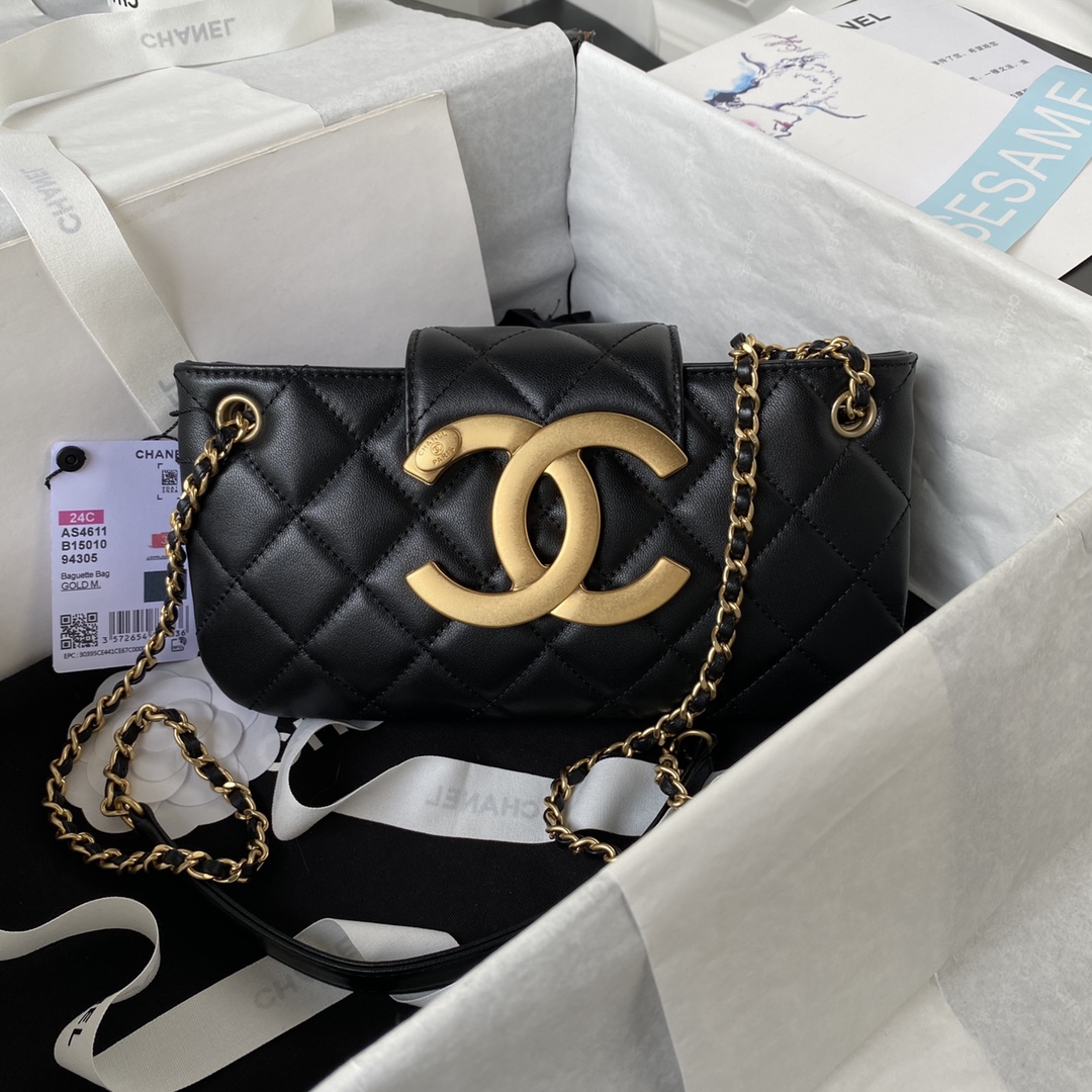 Bagsaaa Ch**el Baguette Bag AS4611 Black- 11.5 × 24 × 4.5 cm