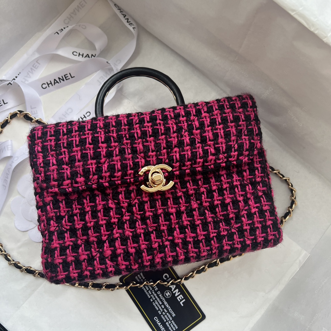 Bagsaaa Ch**el Small Box Bag Wool Tweed Fuchsia & Black AS4470 - 13.5 × 19 × 8 cm
