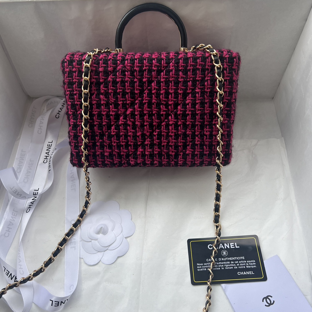 Bagsaaa Ch**el Small Box Bag Wool Tweed Fuchsia & Black AS4470 - 13.5 × 19 × 8 cm