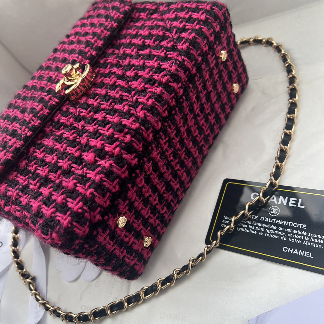 Bagsaaa Ch**el Small Box Bag Wool Tweed Fuchsia & Black AS4470 - 13.5 × 19 × 8 cm