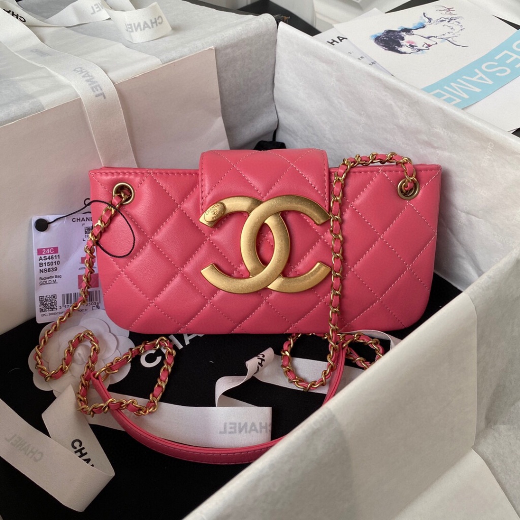 Bagsaaa Ch**el Baguette Bag AS4611 Pink - 11.5 × 24 × 4.5 cm