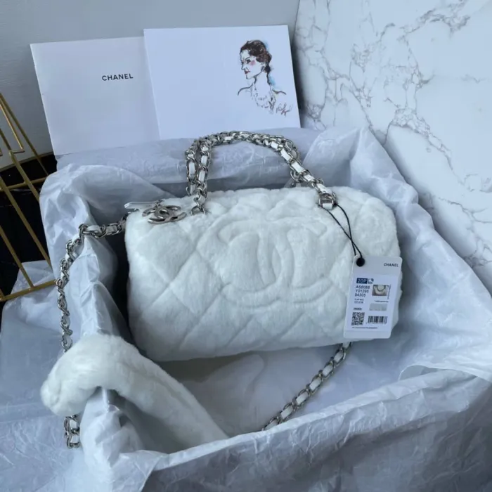 Bagsaaa Ch**el Small Bowling Bag Shearling Lambskin White AS4280 - 10.5 × 25 × 13 cm
