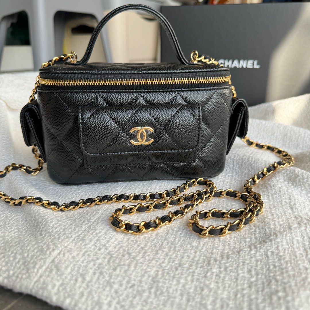 Bagsaaa Ch**el Clutch With Chain AP3017 Black Grained Shiny Calfskin - 9.5 × 17 × 8 cm