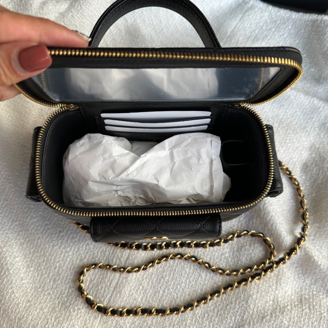 Bagsaaa Ch**el Clutch With Chain AP3017 Black Grained Shiny Calfskin - 9.5 × 17 × 8 cm