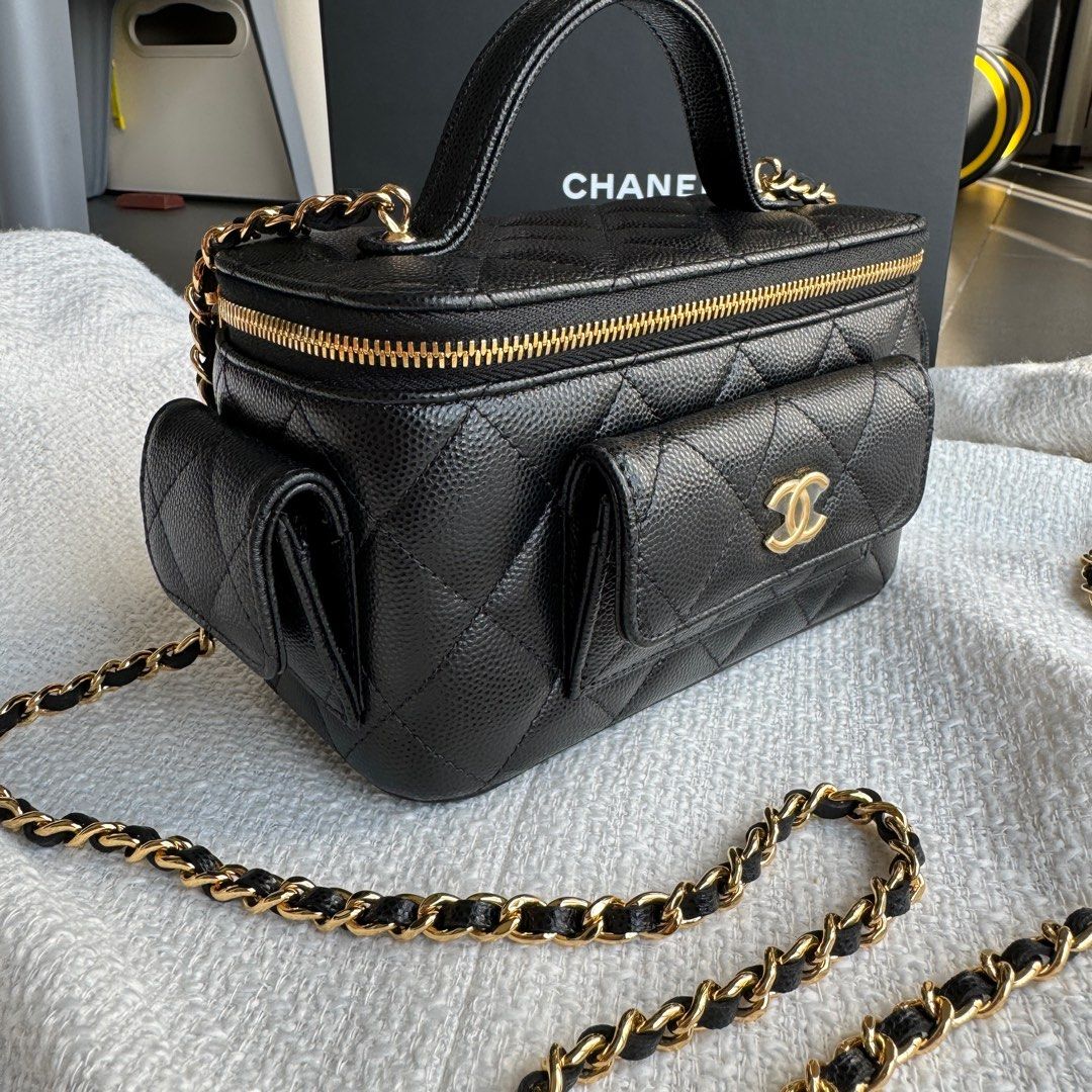 Bagsaaa Ch**el Clutch With Chain AP3017 Black Grained Shiny Calfskin - 9.5 × 17 × 8 cm