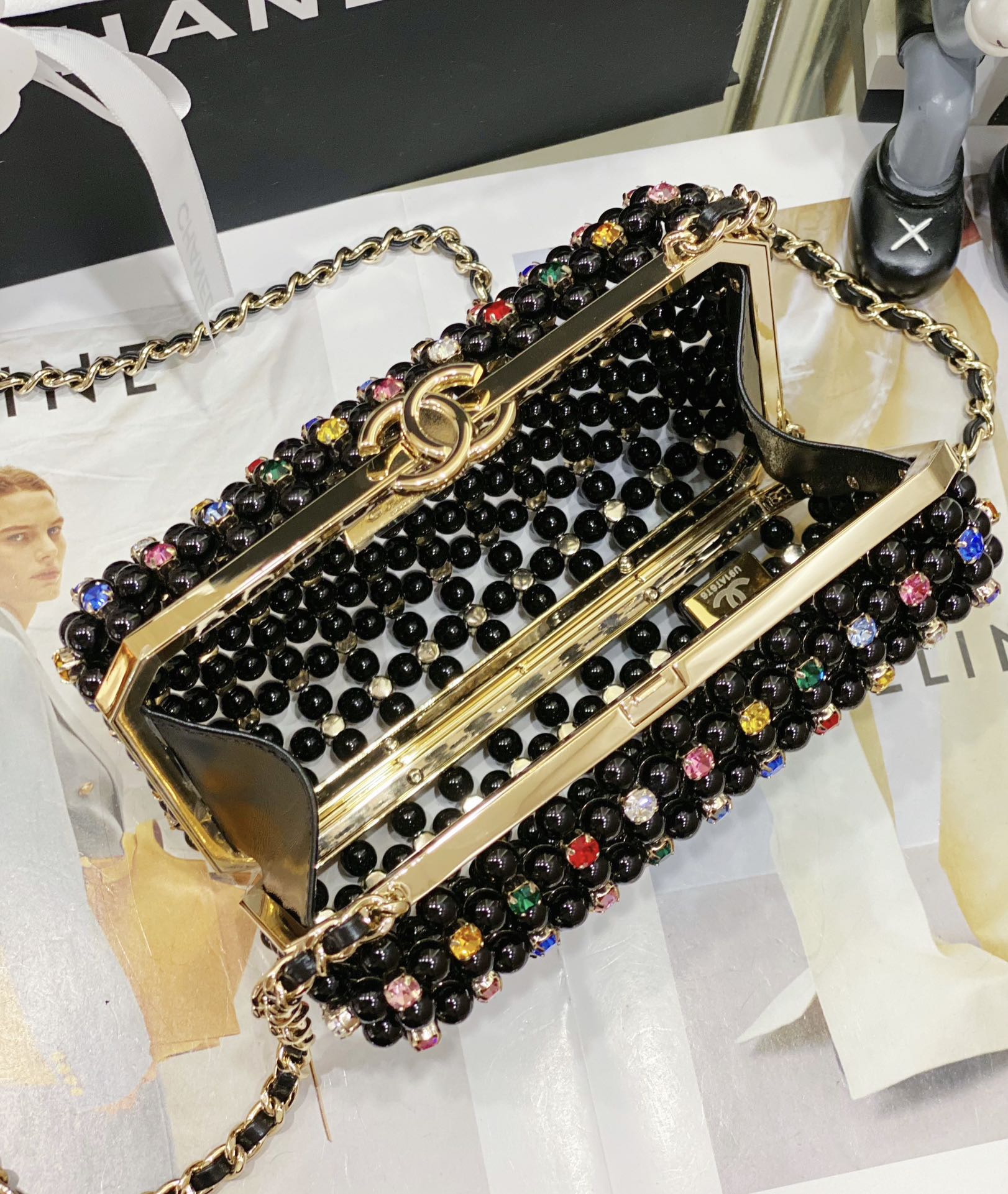 Bagsaaa Ch**el Evening Bag AS3771 Black & Multicolor - 11×17×7 cm