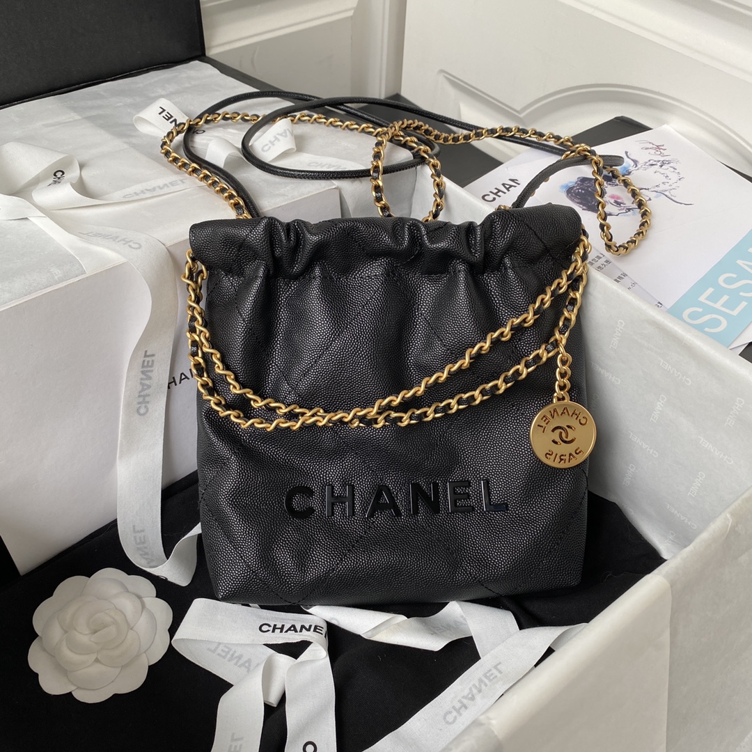 Bagsaaa Ch**el 22 Mini Handbag Shiny Grained Calfskin Black AS3980 - 20 × 19 × 6 cm