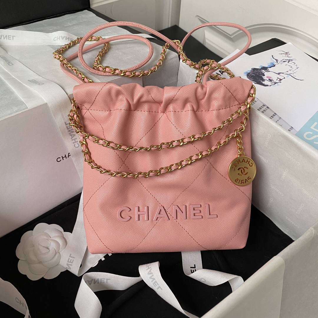 Bagsaaa Ch**el 22 Mini Handbag Shiny Grained Calfskin Pink AS3980 - 20 × 19 × 6 cm