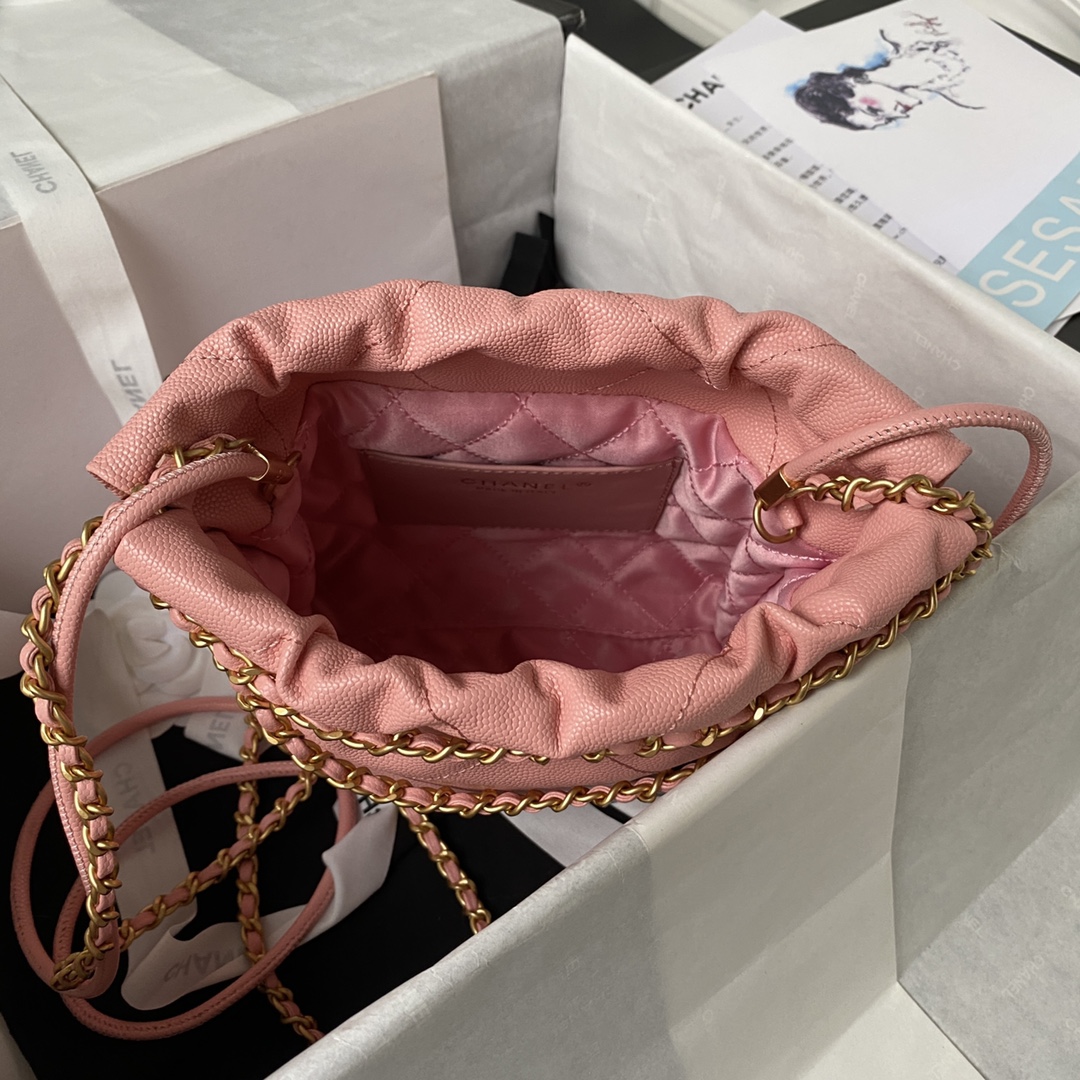 Bagsaaa Ch**el 22 Mini Handbag Shiny Grained Calfskin Pink AS3980 - 20 × 19 × 6 cm