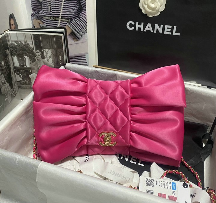 Bagsaaa Ch**el Clutch Satin & Gold-Tone Metal Pink AS4098 - 20 × 20 × 4 cm