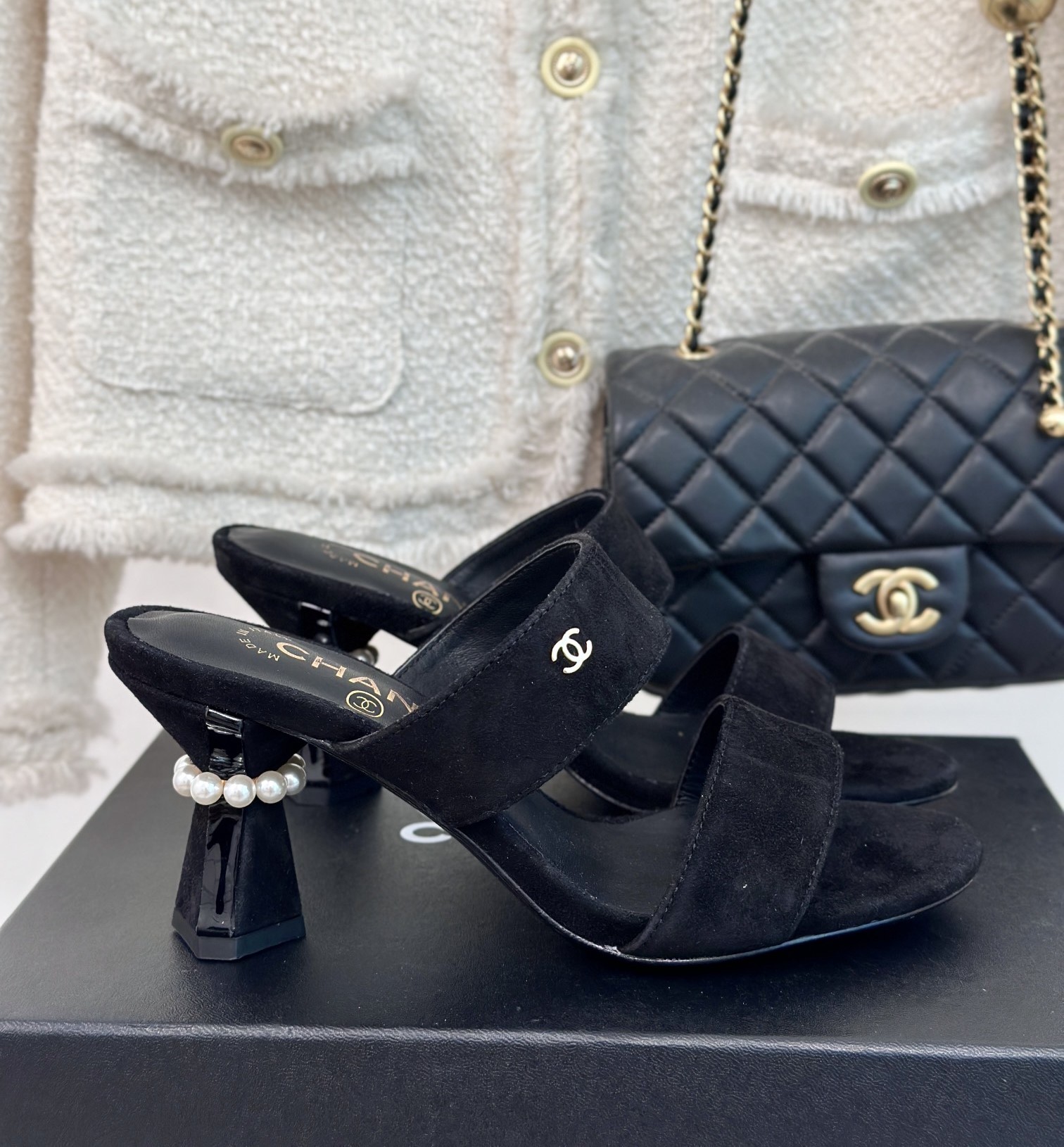 Bagsaaa Ch**el Mules Black Suede & Imitation Pearls G45685