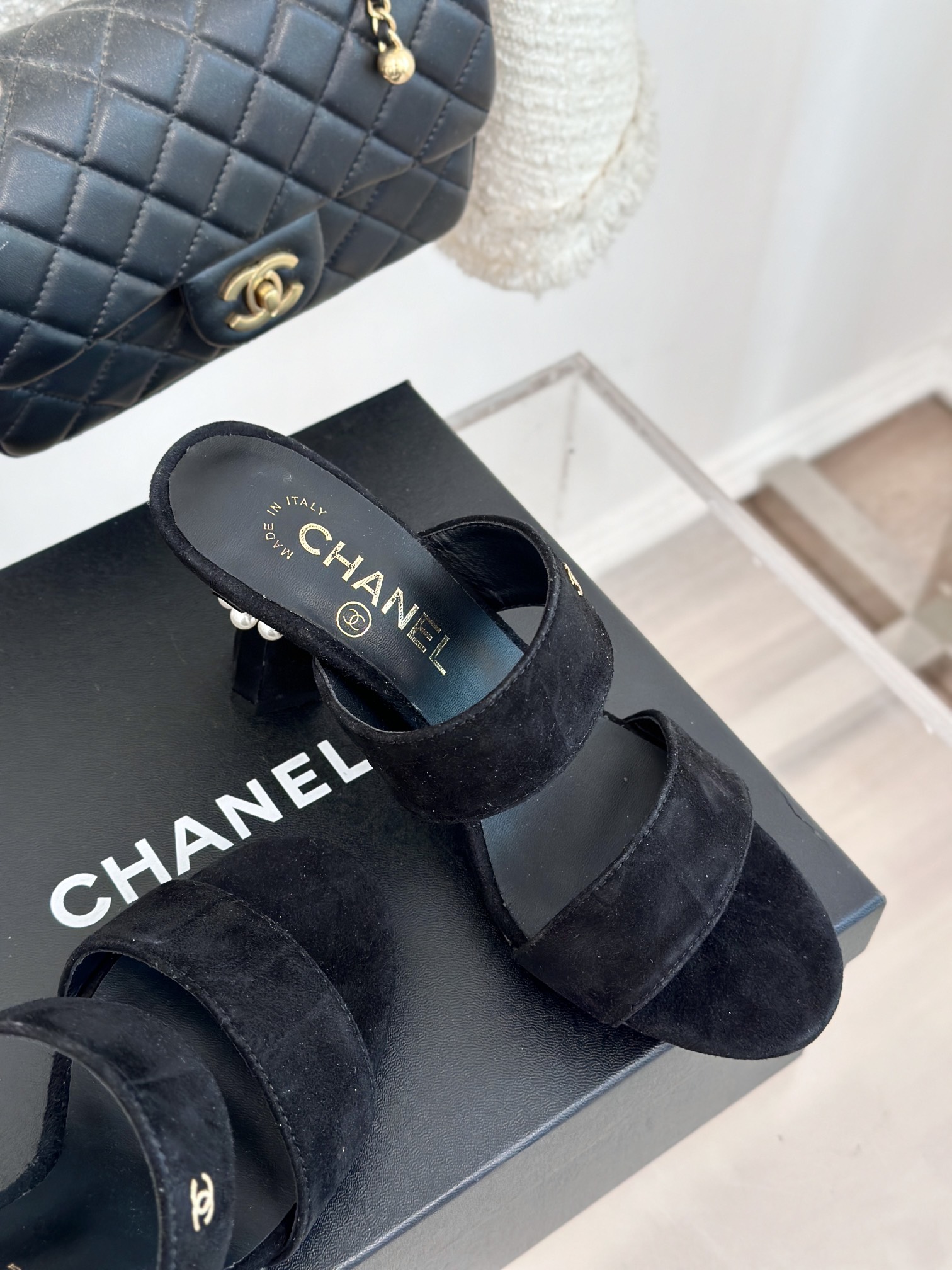 Bagsaaa Ch**el Mules Black Suede & Imitation Pearls G45685