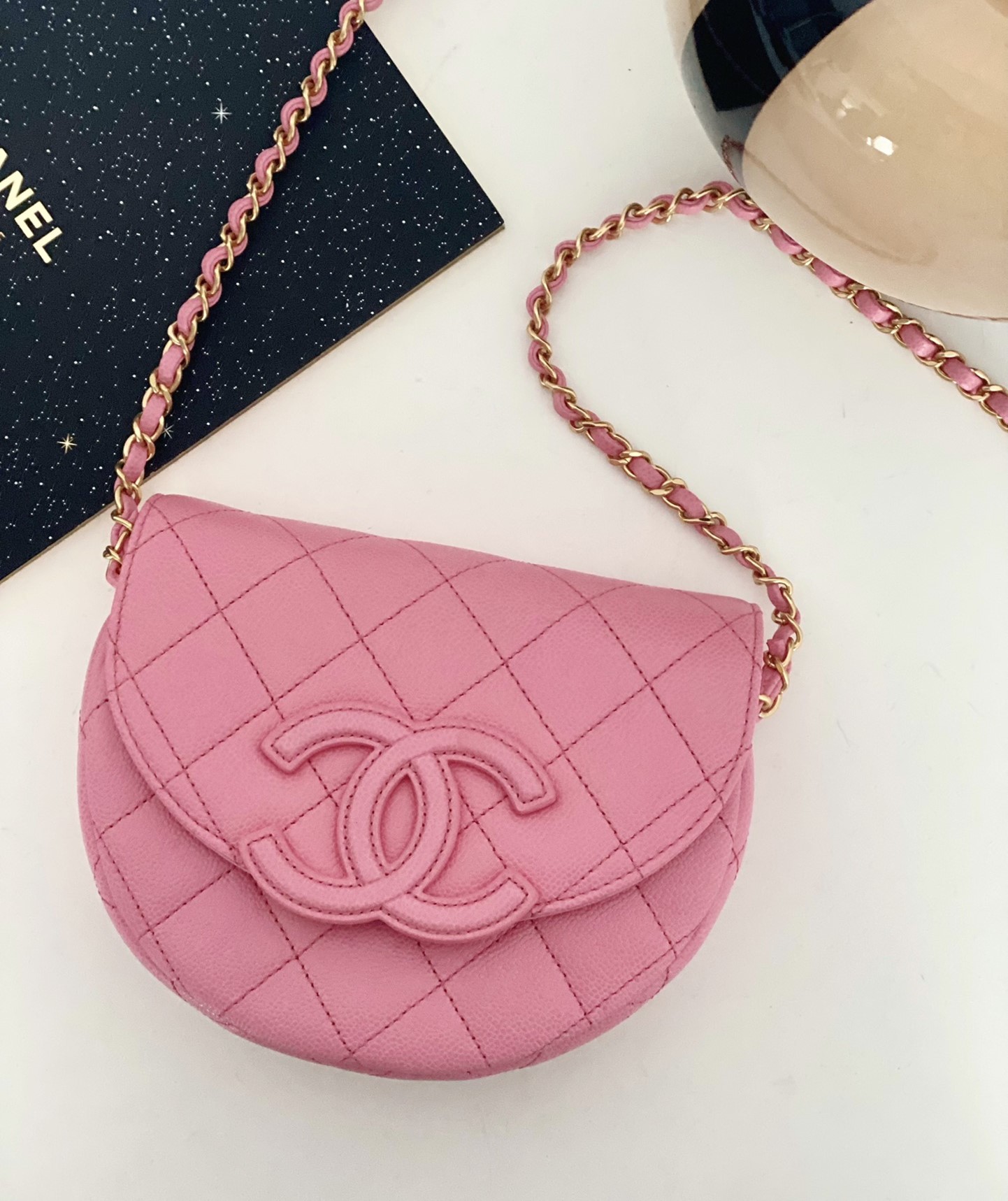 Bagsaaa Ch**el Mini Messenger Bag Pink Calfskin AS3867 - 15×19×7 cm