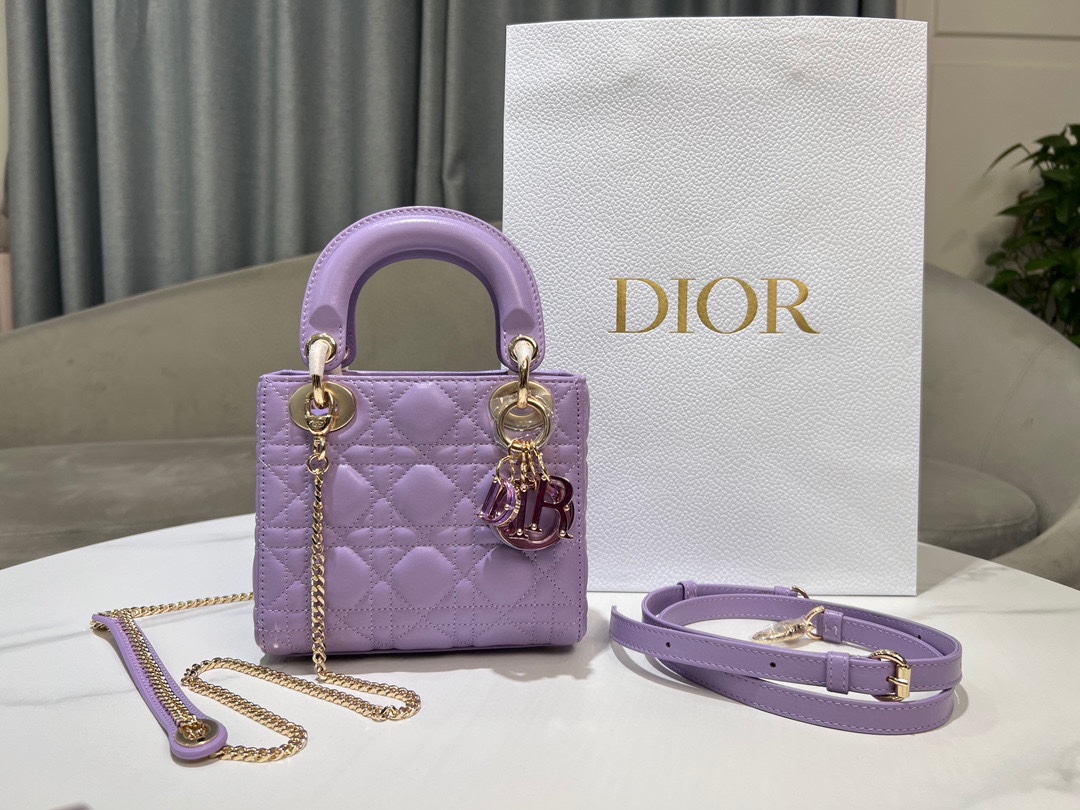 Bagsaaa Mini Lady D10r Bag Lilac Purple Cannage Lambskin - 17 x 15 x 7 cm