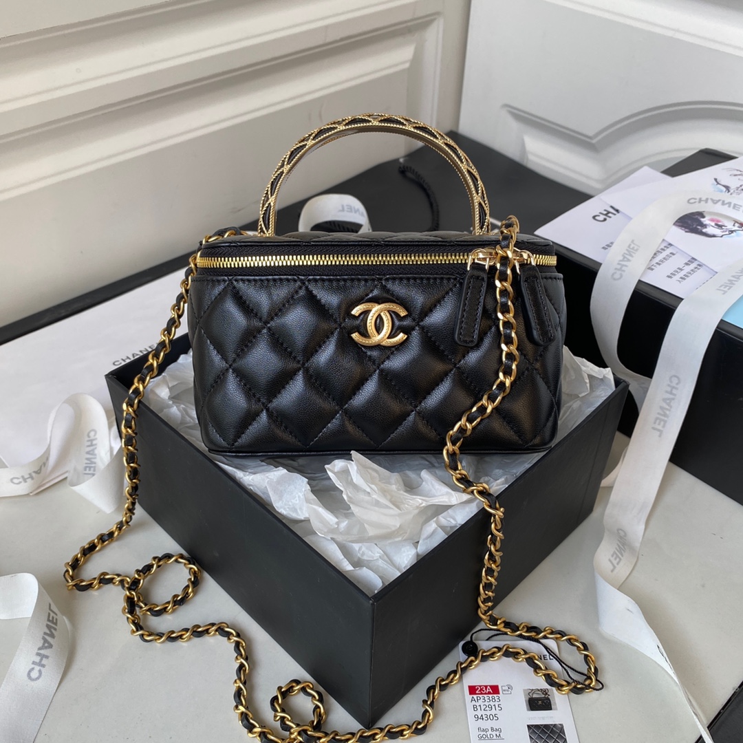 Bagsaaa Ch**el Clutch With Chain AP3383 Black - 9.5 × 17 × 8 cm