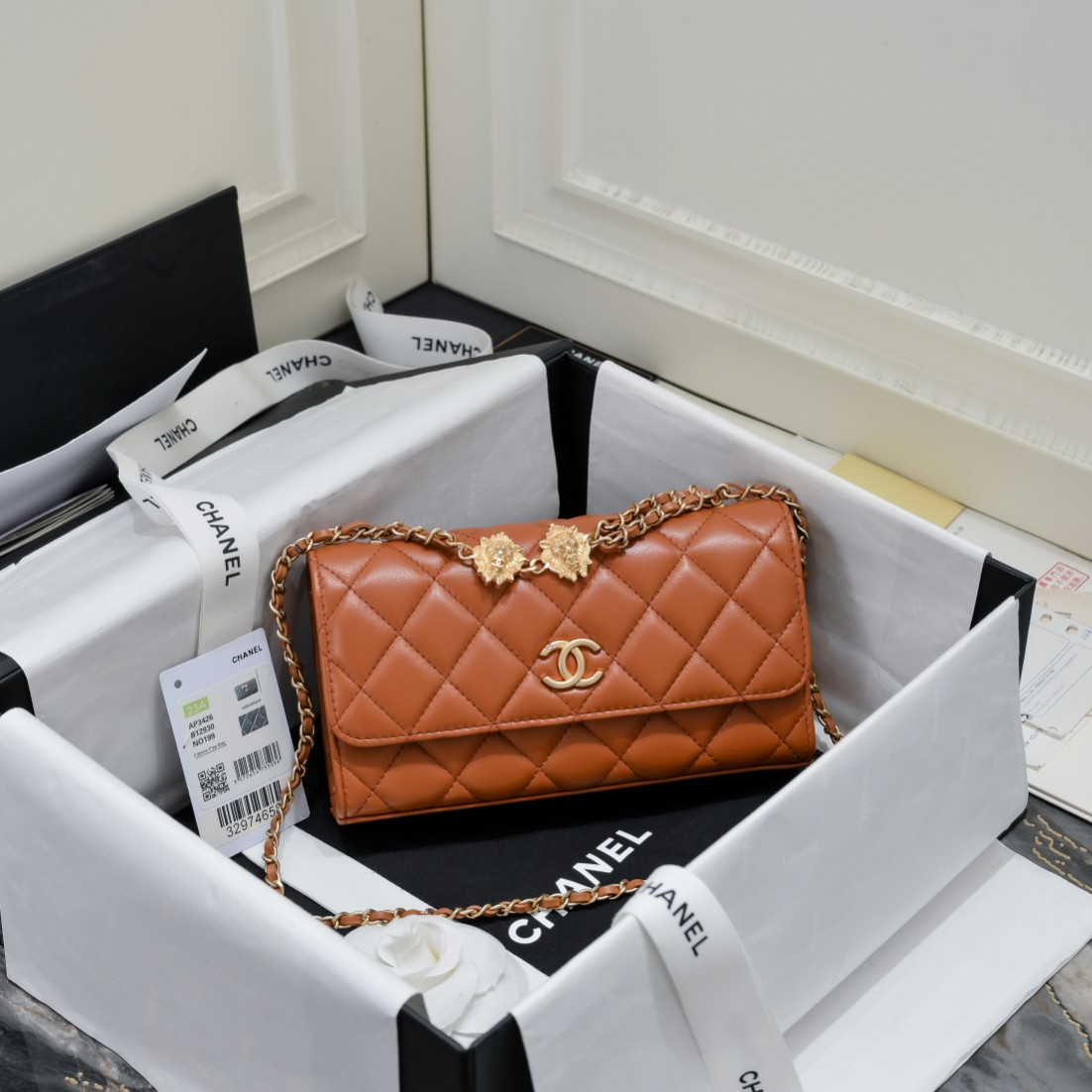 Bagsaaa Ch**el Flap Phone Holder With Chain AP3426 Brown - 10 × 17.2 × 3.3 cm