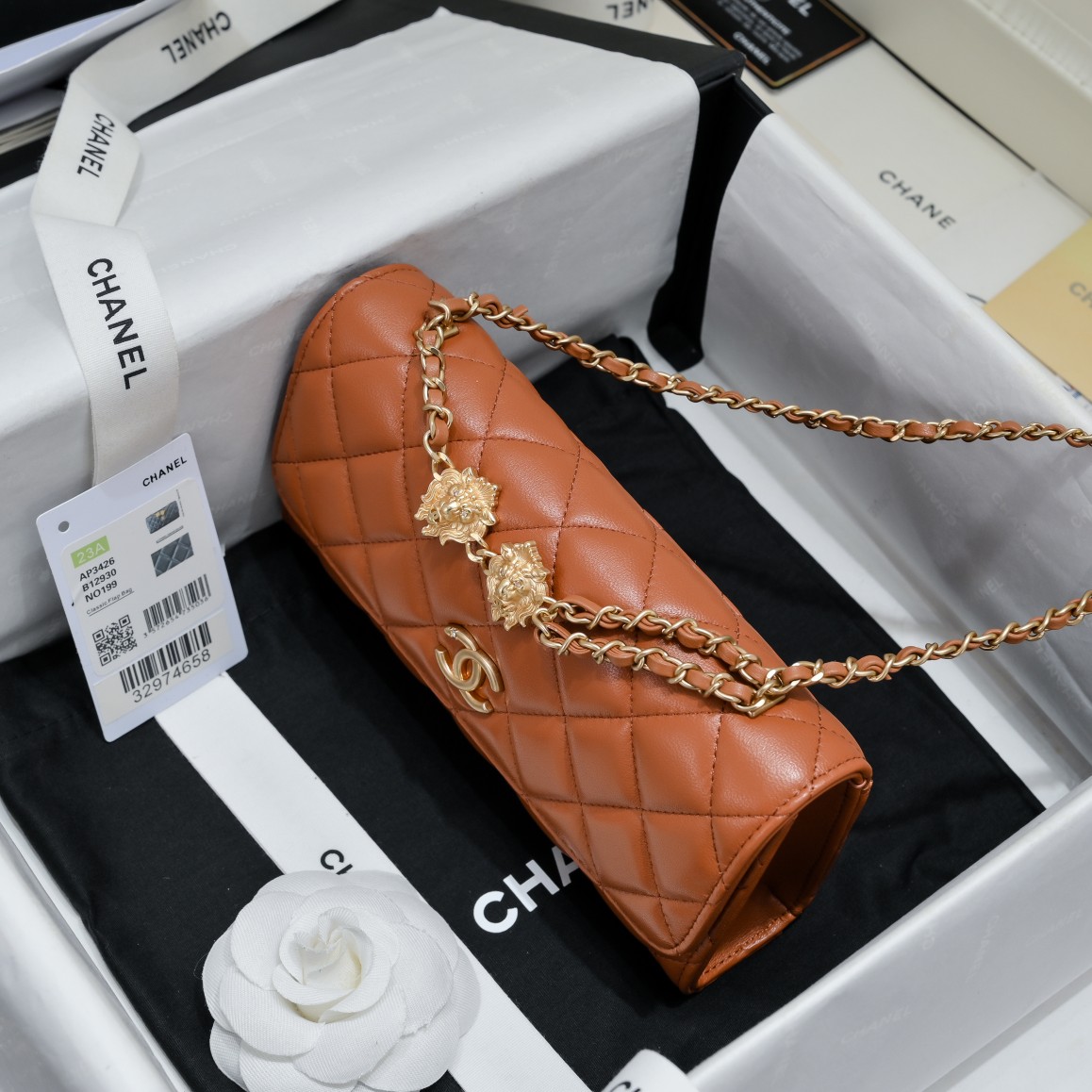 Bagsaaa Ch**el Flap Phone Holder With Chain AP3426 Brown - 10 × 17.2 × 3.3 cm
