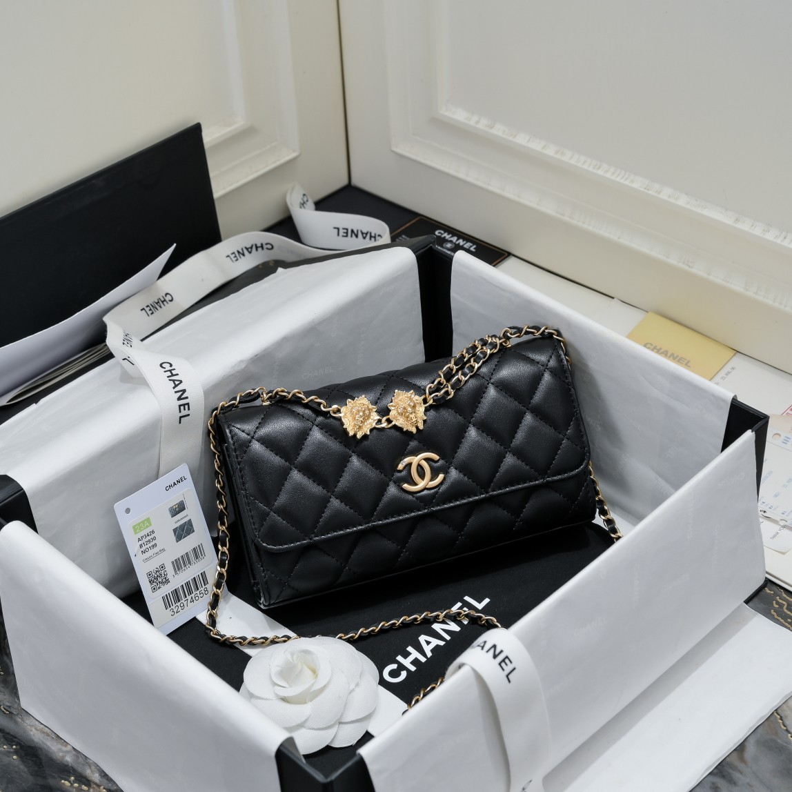 Bagsaaa Ch**el Flap Phone Holder With Chain AP3426 Black - 10 × 17.2 × 3.3 cm