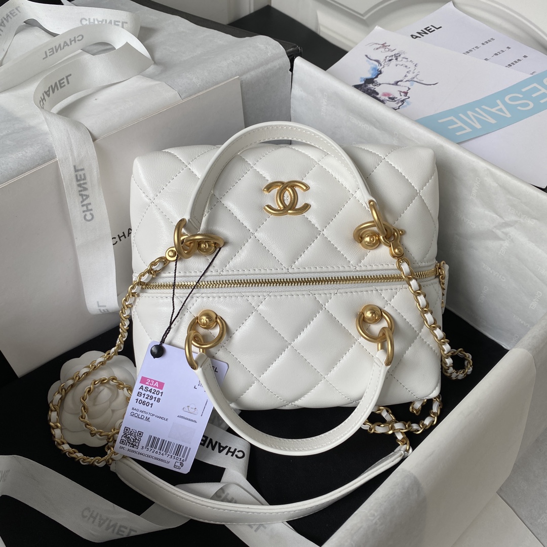 Bagsaaa Ch**el Bag With Top Handle AS4201 White - 17X21X5.5cm