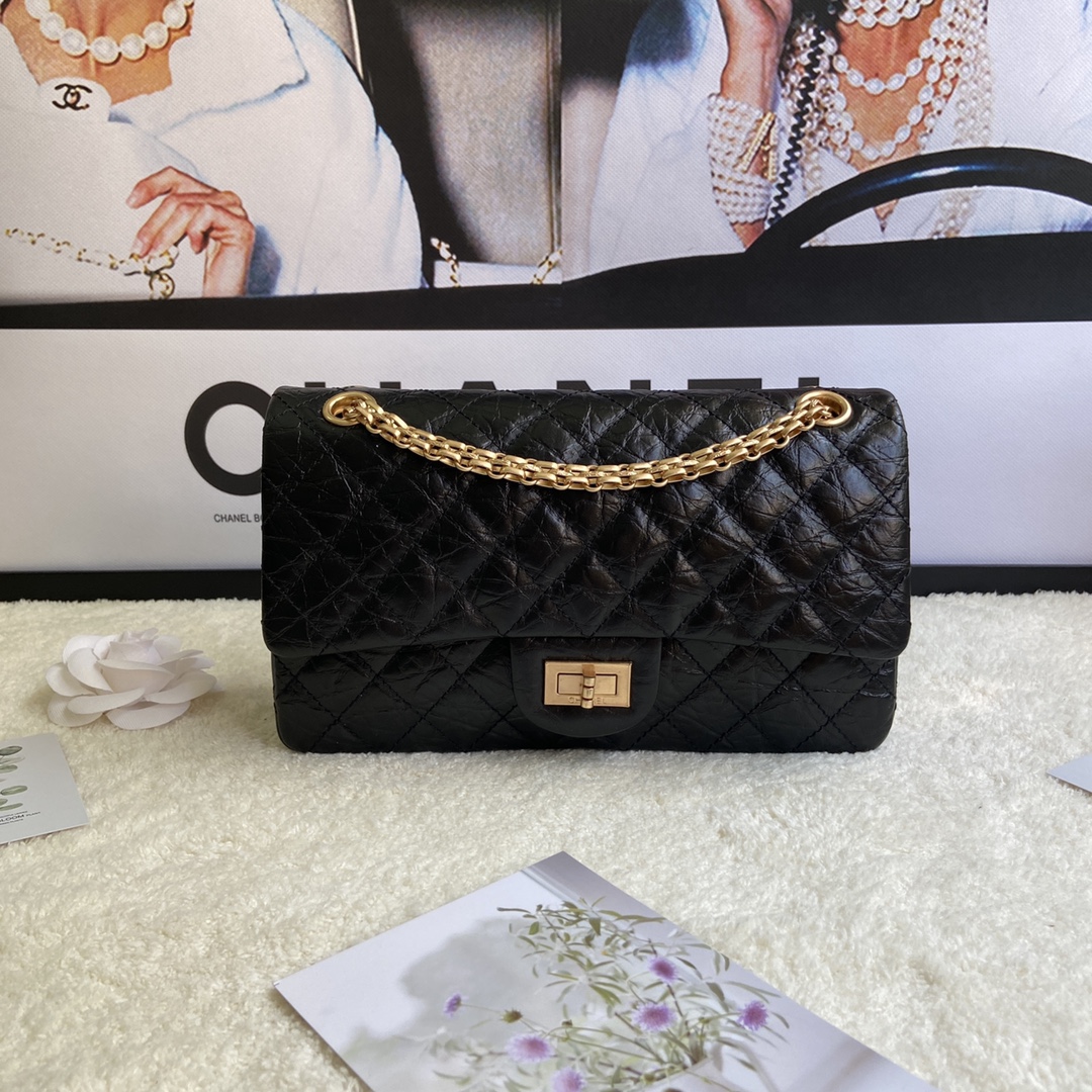 Bagsaaa Ch**el 2.55 Handbag Aged Calfskin & Gold-Tone Metal Black A37586 - 16 × 24 × 7.5 cm