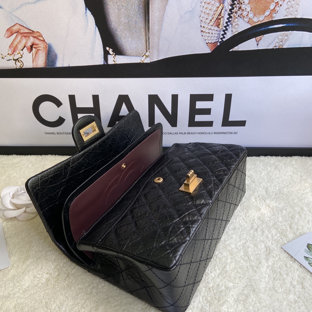 Bagsaaa Ch**el 2.55 Handbag Aged Calfskin & Gold-Tone Metal Black A37586 - 16 × 24 × 7.5 cm