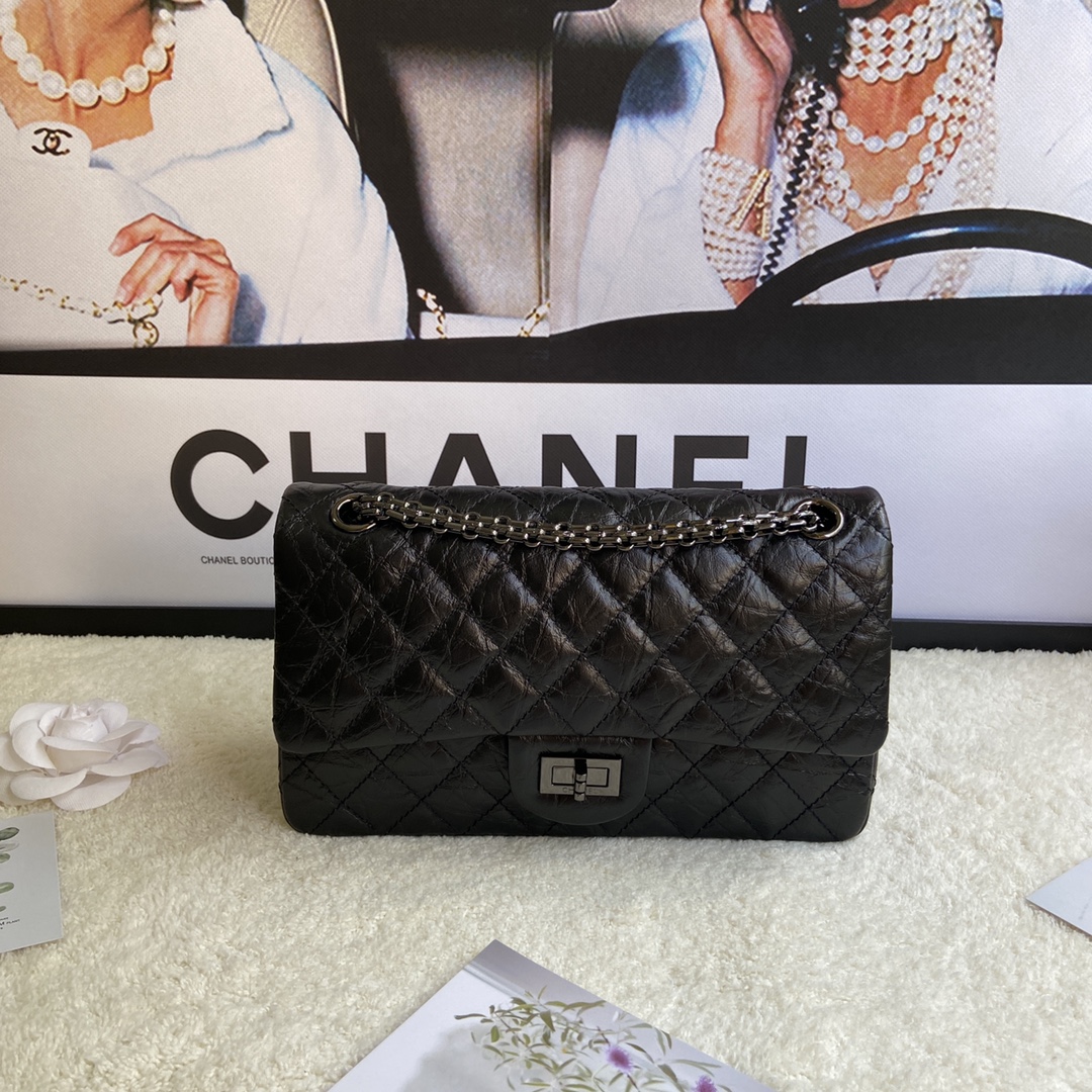 Bagsaaa Ch**el 2.55 Handbag Aged Calfskin & Full Black A37586 - 16 × 24 × 7.5 cm