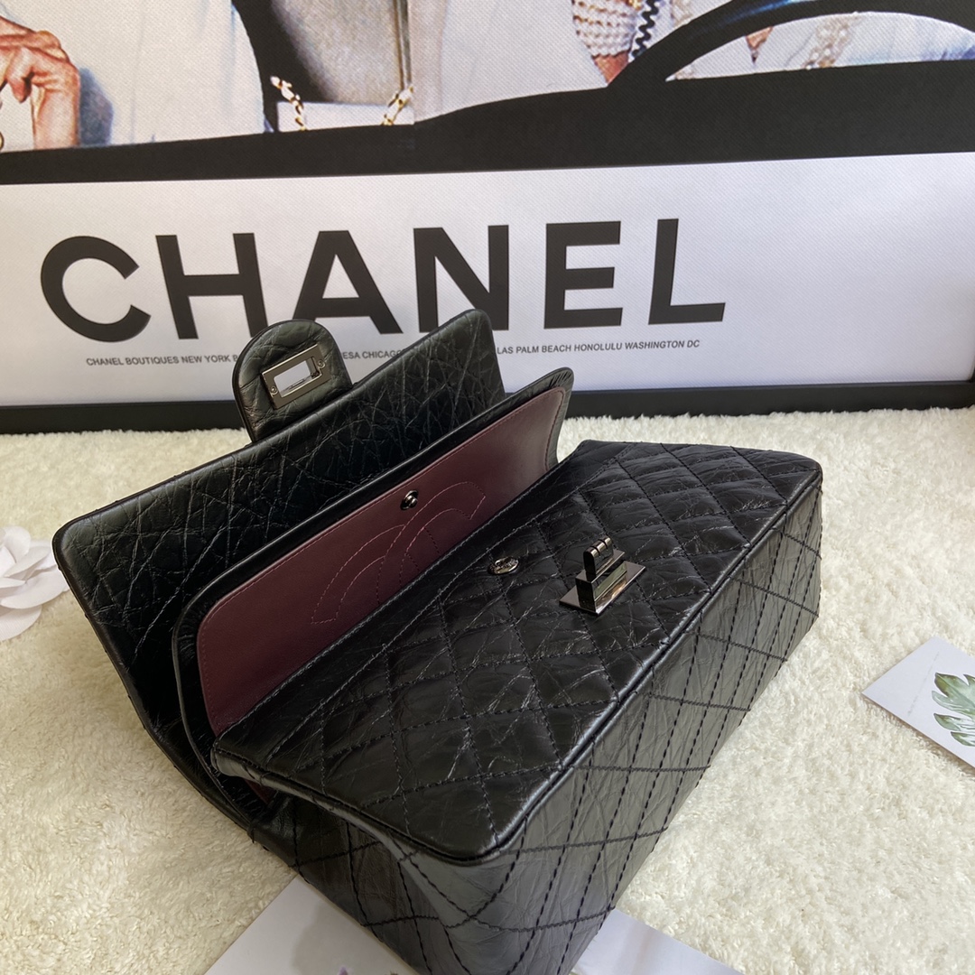 Bagsaaa Ch**el 2.55 Handbag Aged Calfskin & Full Black A37586 - 16 × 24 × 7.5 cm