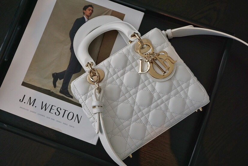 D10r Lady Lambskin White Handbag with Gold Hardware 20CM