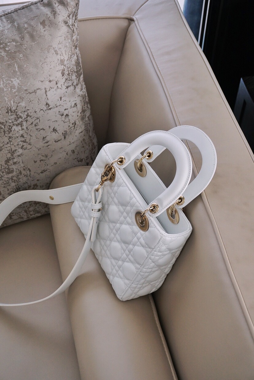 D10r Lady Lambskin White Handbag with Gold Hardware 20CM