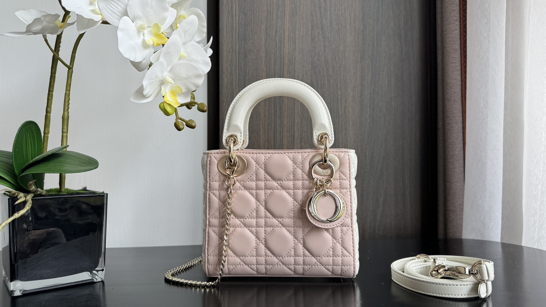 Bagsaaa Mini Lady D10r Bag Two-Tone Latte and Powder Pink Cannage Lambskin - 17 x 15 x 7 cm