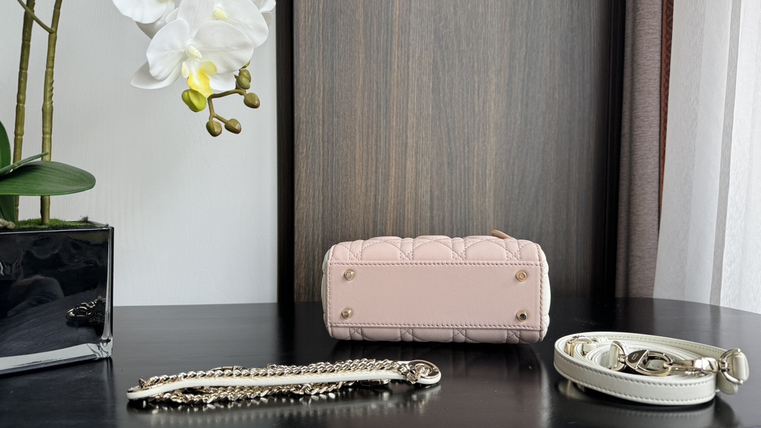 Bagsaaa Mini Lady D10r Bag Two-Tone Latte and Powder Pink Cannage Lambskin - 17 x 15 x 7 cm