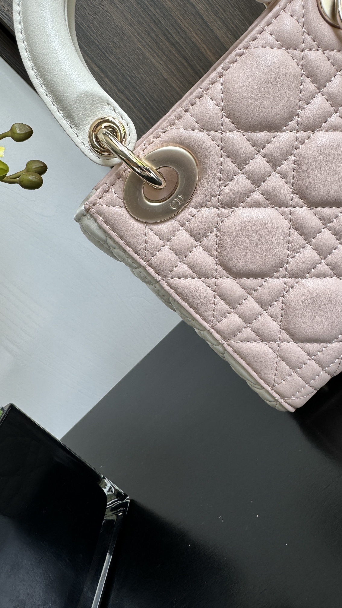 Bagsaaa Mini Lady D10r Bag Two-Tone Latte and Powder Pink Cannage Lambskin - 17 x 15 x 7 cm