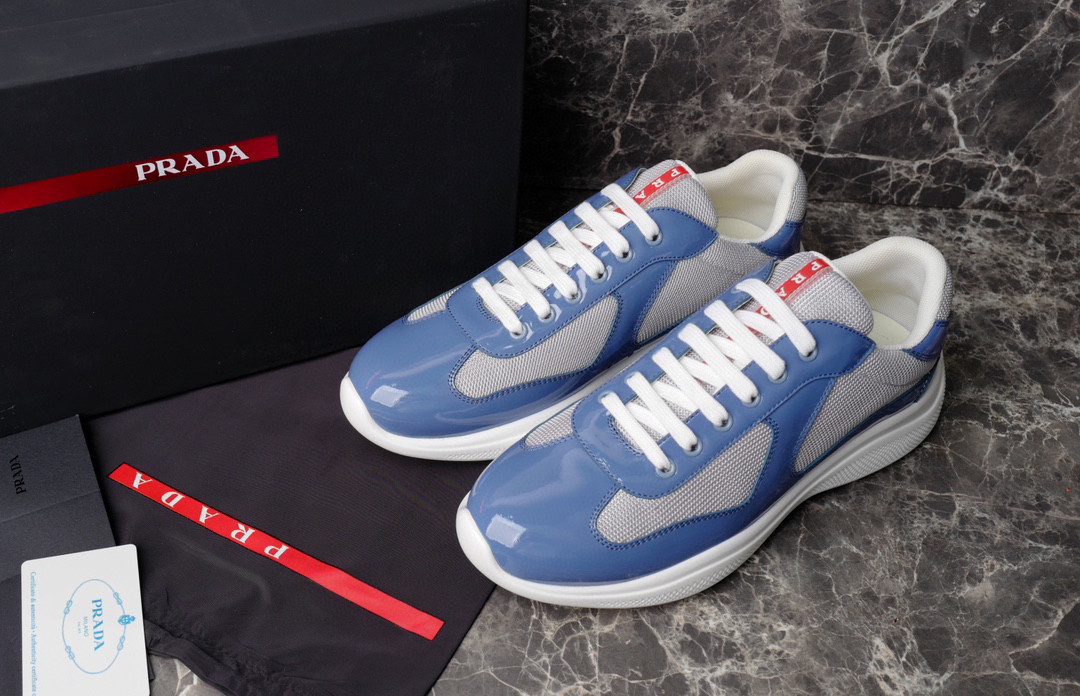 Bagsaaa Pra*a Patent Leather And Technical Fabric Pra*a America's Cup Sneakers Blue/Silver