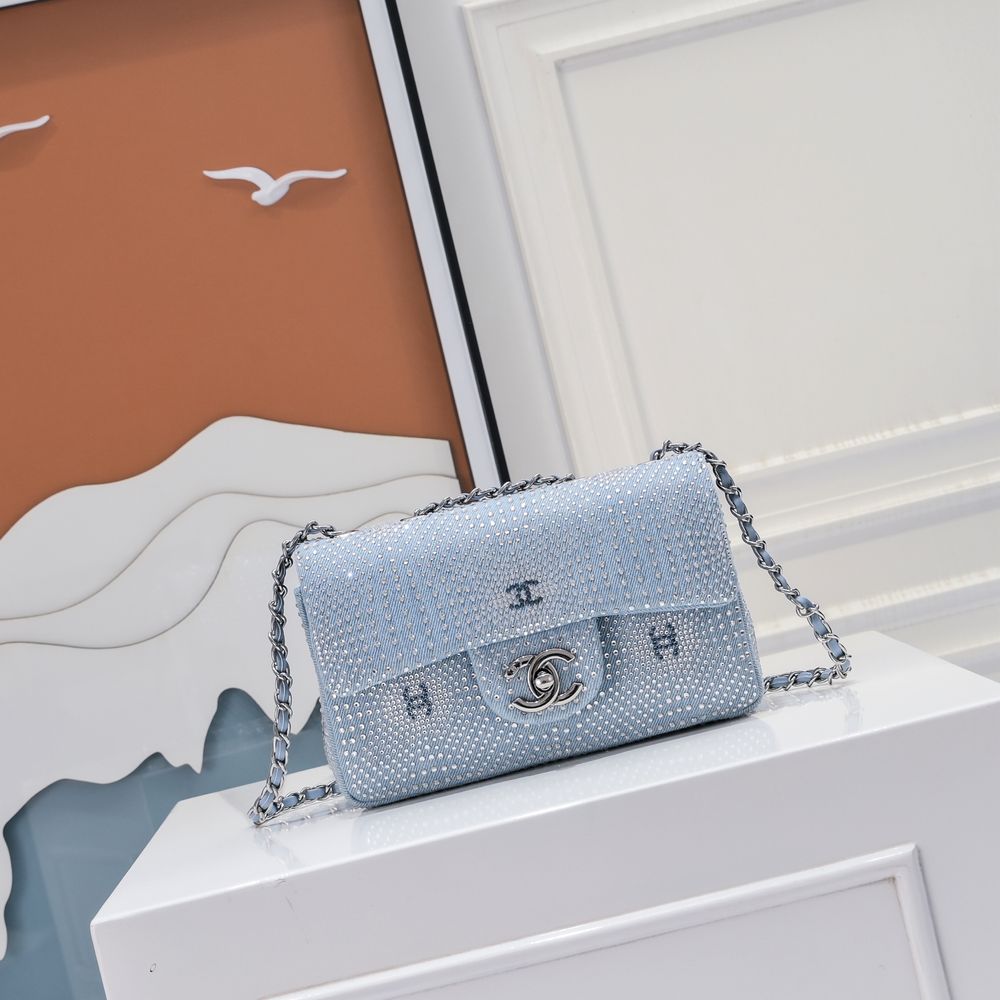 Bagsaaa Ch**el Evening Bag AS4297 Blue & Silver - 13 × 21 × 8 cm
