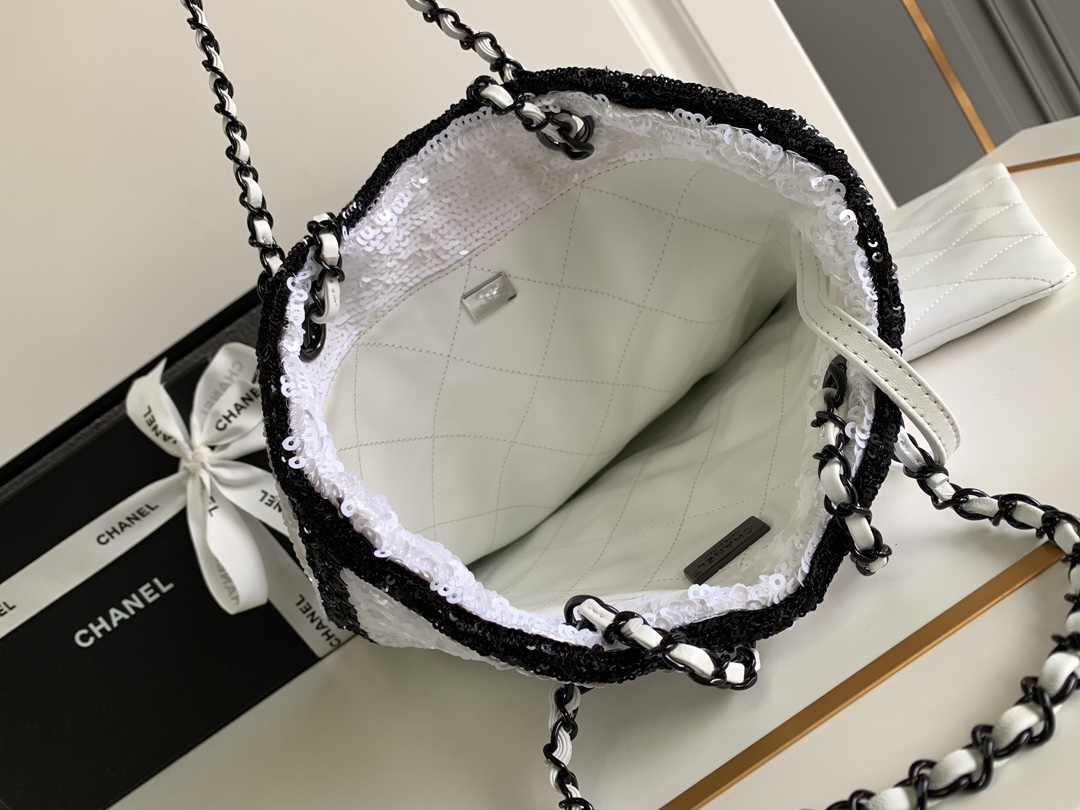 Bagsaaa Ch**el Shopping Bag AS4856 White Sequins & Black Metal - 39 × 30 × 2 cm