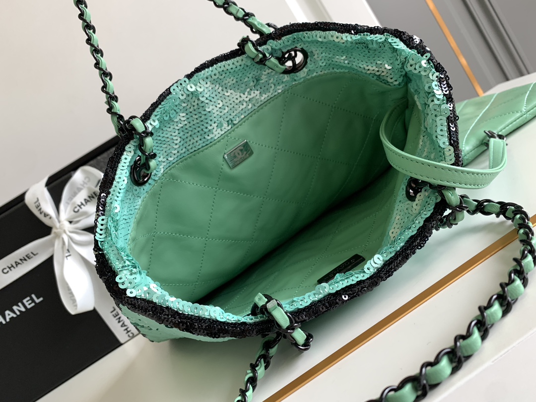 Bagsaaa Ch**el Shopping Bag AS4856 Green Sequins & Black Metal - 39 × 30 × 2 cm