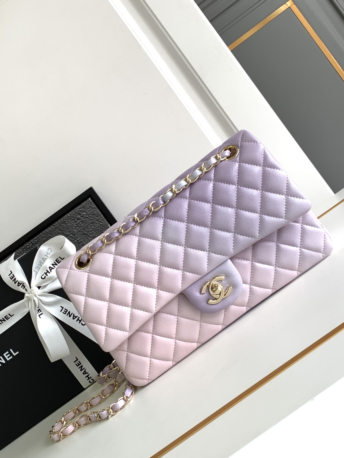 Bagsaaa Ch**el Classic Handbag A01112 Ombre Purple & Pink - 15.5 × 25.5 × 6.5 cm