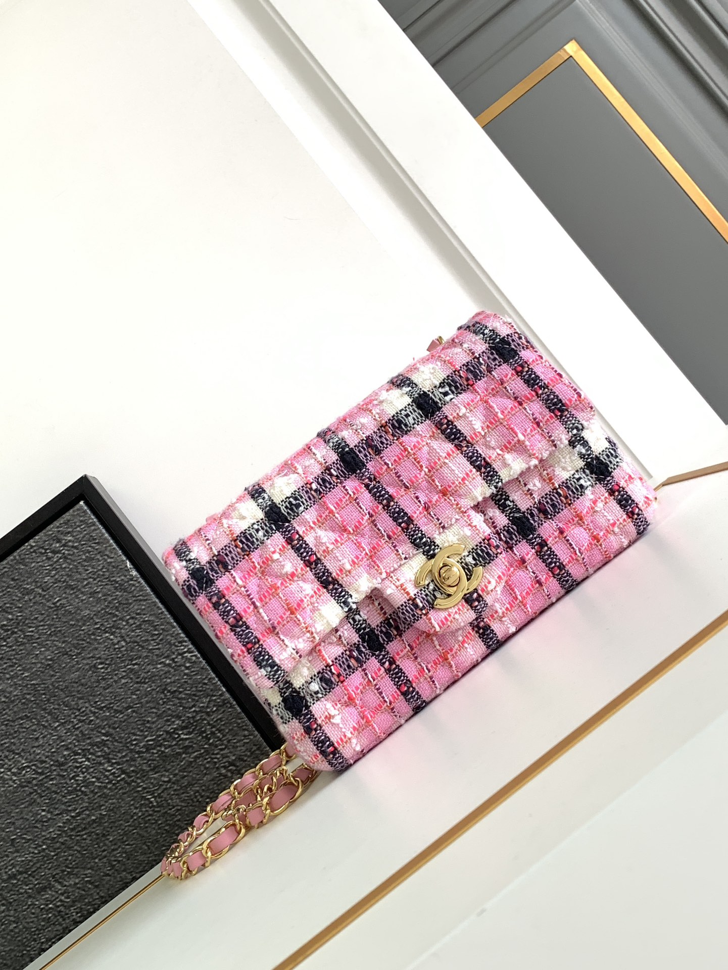 Bagsaaa Ch**el Mini Classic Handbag Pink Cotton & Wool Tweed A69900 - 12 × 20 × 6 cm