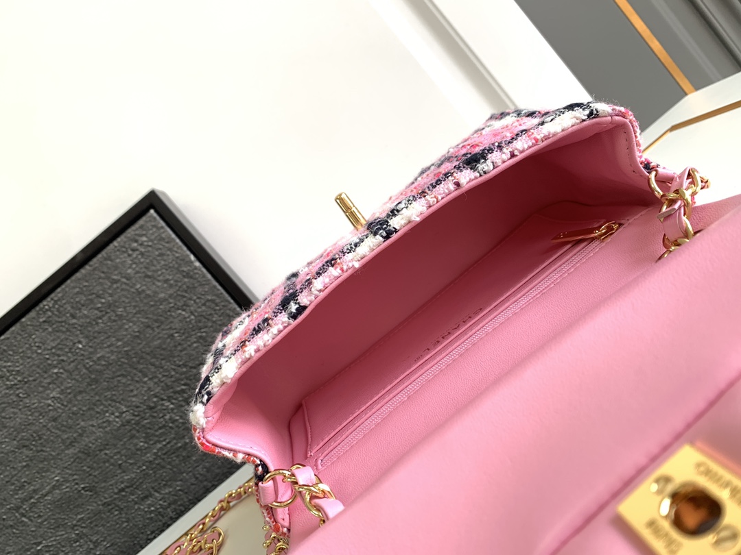 Bagsaaa Ch**el Mini Classic Handbag Pink Cotton & Wool Tweed A69900 - 12 × 20 × 6 cm