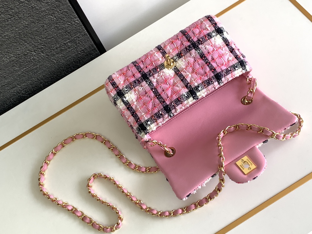 Bagsaaa Ch**el Mini Classic Handbag Pink Cotton & Wool Tweed A69900 - 12 × 20 × 6 cm