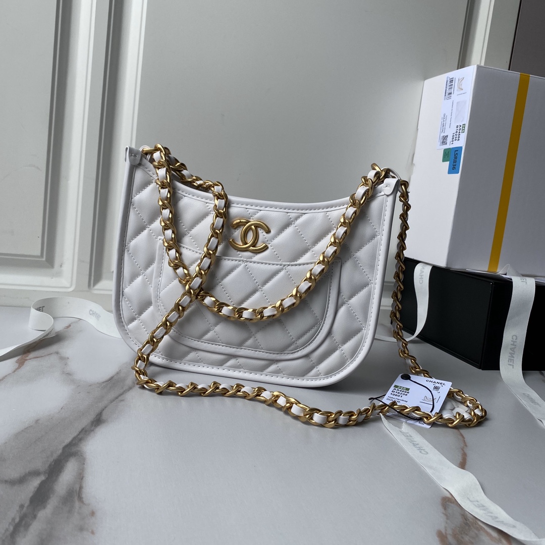 Bagsaaa Ch**el Hobo Handbag White Calfskin AS4666 - 20 × 24 × 6 cm