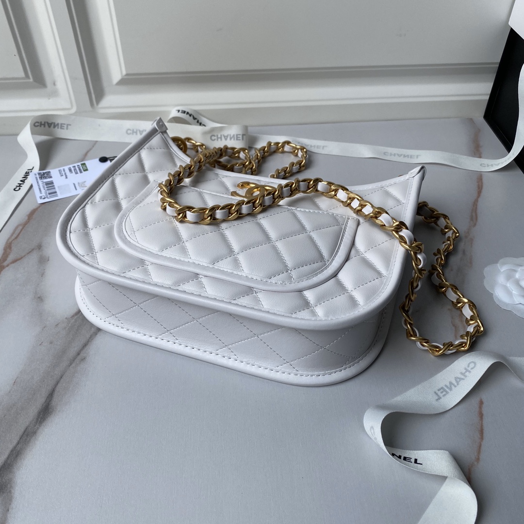 Bagsaaa Ch**el Hobo Handbag White Calfskin AS4666 - 20 × 24 × 6 cm