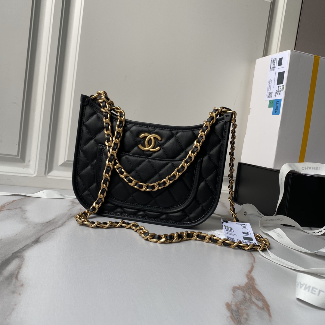 Bagsaaa Ch**el Hobo Handbag Black Calfskin AS4666 - 20 × 24 × 6 cm