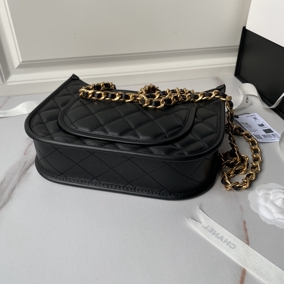 Bagsaaa Ch**el Hobo Handbag Black Calfskin AS4666 - 20 × 24 × 6 cm