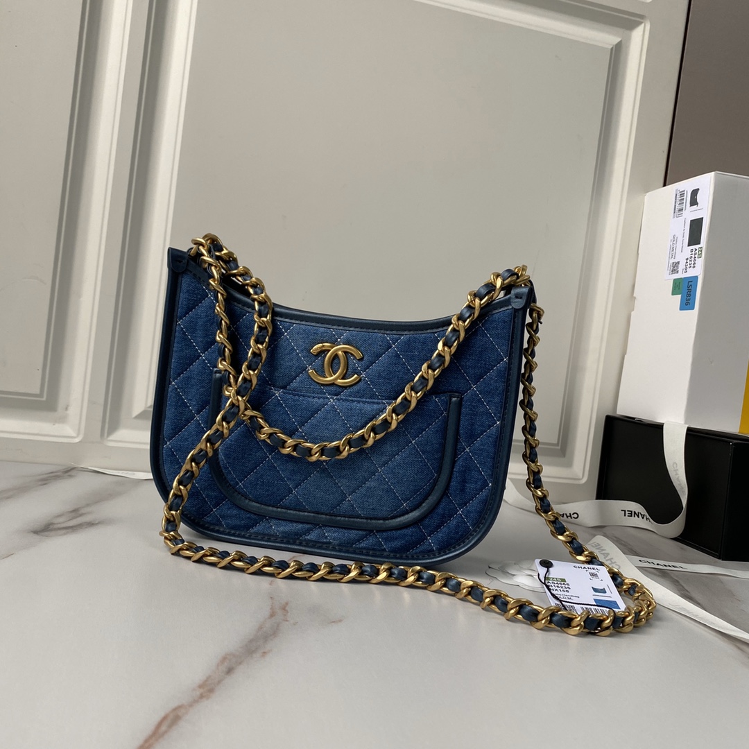 Bagsaaa Ch**el Hobo Handbag Blue Denim AS4666 - 20 × 24 × 6 cm