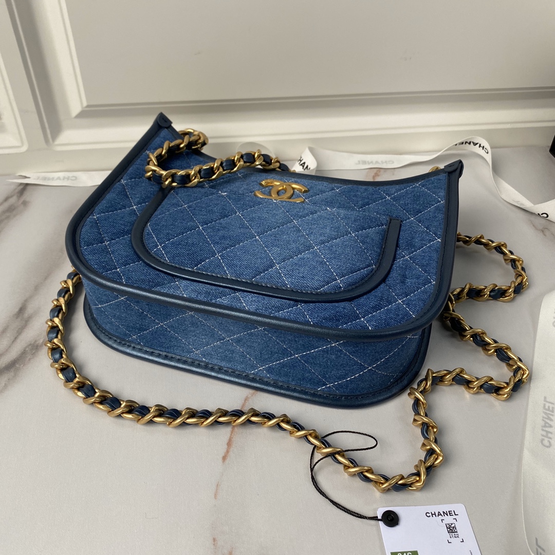 Bagsaaa Ch**el Hobo Handbag Blue Denim AS4666 - 20 × 24 × 6 cm