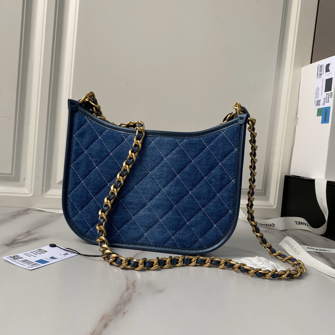 Bagsaaa Ch**el Hobo Handbag Blue Denim AS4666 - 20 × 24 × 6 cm